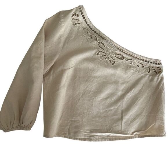 Mango Asymmetrical Embroidered Open Work One Shoulder Top S Ecru - Picture 7 of 11